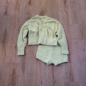 2 Piece Lime Green Fuzzy Shorts & Cardigan Set Size Small